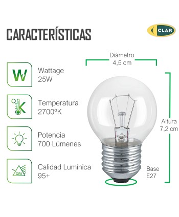 Bombilla Esférica E27 Clara Incandescente 25W