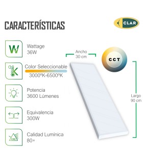 CLAR - Plafon LED techo Rectangular 90x30, Panel LED Superficie, Panel LED para Cocina, Plafon Rectangular LED de techo, 36W CCT