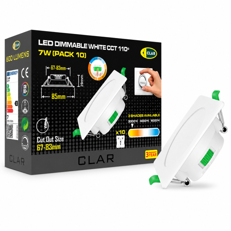 Downlight LED techo empotrable Regulable Cuadrado 7W, 3 tonalidades, Blanco