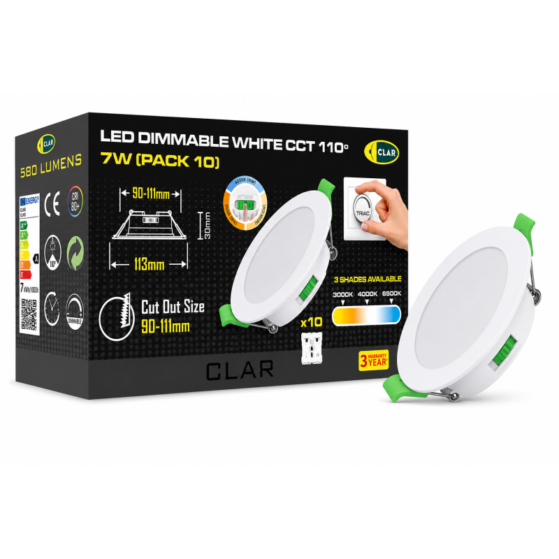 Downlight LED techo empotrable, Regulable 7W, 3 tonalidades, Blanco