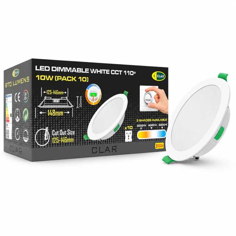 CLAR - Downlight LED techo empotrable, Regulable 10W, 3 tonalidades, Blanco