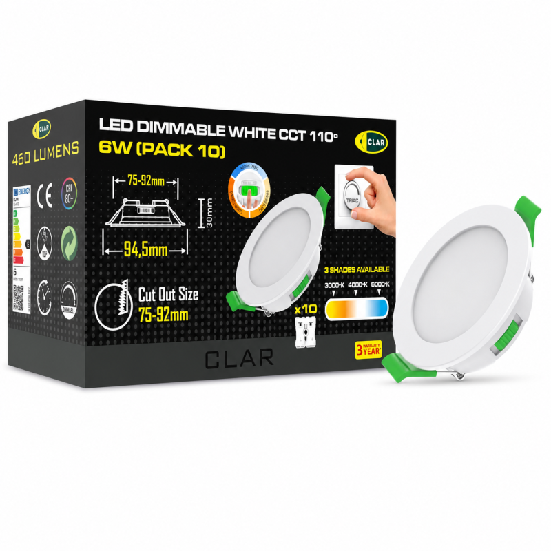 Downlight LED techo empotrable, Regulable 6W, 3 tonalidades, Blanco
